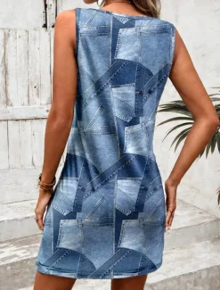 Women's Mini Dress A Line Dress Summer Dress Off The Shoulder Dress Vacation Daily Loose Fit Graphic Geometric Sleeveless U Neck Blue Summer Spring