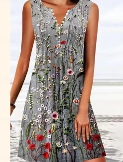 Women's Mini Dress A Line DressT Shirt Dress Tee Dress Off The Shoulder Dress Casual Vacation Daily Regular Fit Floral Graphic Sleeveless V Neck Pink Blue Green Gray Summer