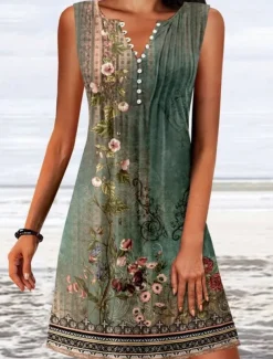 Women's Mini Dress A Line DressT Shirt Dress Tee Dress Off The Shoulder Dress Casual Vacation Daily Regular Fit Floral Graphic Sleeveless V Neck Pink Blue Green Gray Summer