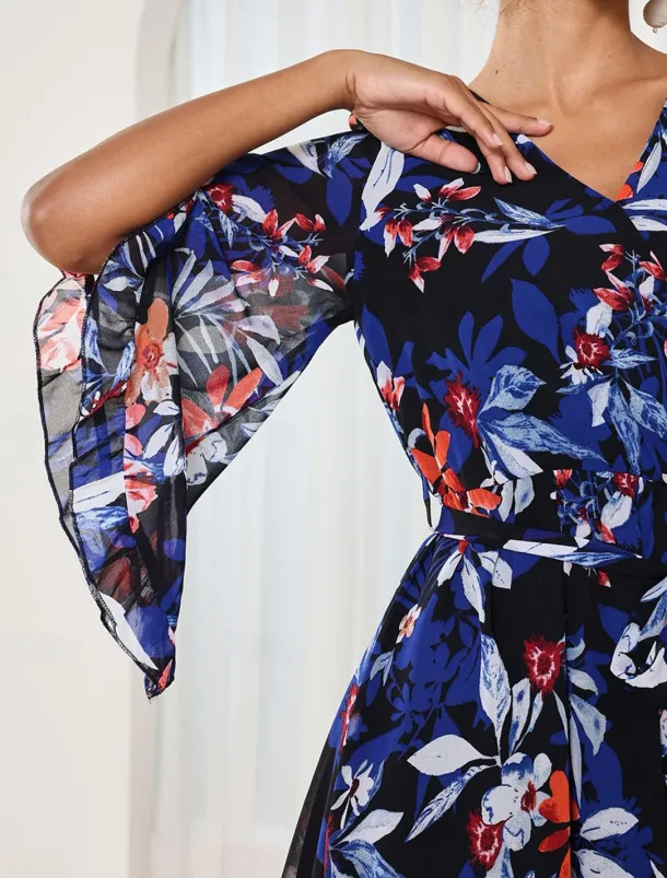 Women's Mini Dress A Line Dress Stylish Vacation Daily Loose Fit Floral Half Sleeve V Neck Dark Blue Summer