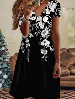 Women's Mini Dress A Line Dress Semi Formal Wedding Guest Cocktail Party Going out Regular Fit Floral Graphic Short Sleeve Black White Pink