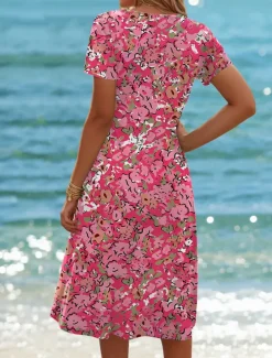 Women's Mini Dress A Line DressT Shirt Dress Tee Dress Sundress Summer Dress Casual Vacation Daily Beach Regular Fit Floral Graphic Short Sleeve Crew Neck Red Summer