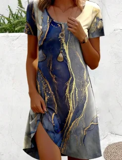Women's Mini Dress A Line DressCasual Dress T Shirt Dress Tee Dress Sundress Stylish Casual Vacation Casual Daily Regular Fit Graphic Marble Short Sleeve Crew Neck Dusty Blue Spring Fall