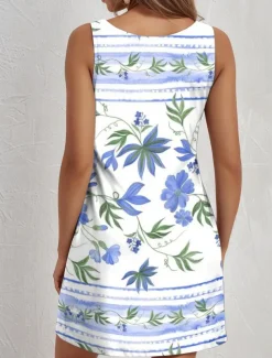 Women's Mini Dress A Line Dress Tank Dress Vintage Stylish Casual Daily Regular Fit Floral Graphic Sleeveless U Neck Sky Blue Summer Spring