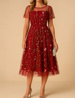 Women's Mini Dress A Line Dress Tulle Dress Elegant Party Cocktail Outdoor Party Wedding Guest Regular Fit Floral Short Sleeve Crew Neck Black White Red Blue Summer