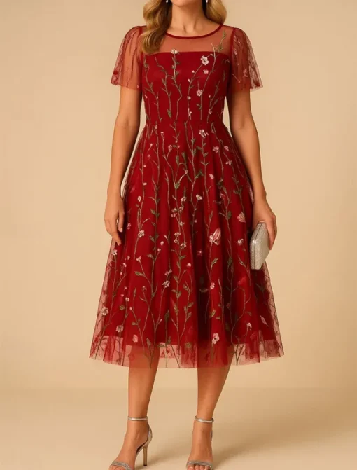 Women's Mini Dress A Line Dress Tulle Dress Elegant Party Cocktail Outdoor Party Wedding Guest Regular Fit Floral Short Sleeve Crew Neck Black White Red Blue Summer