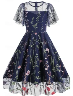 Women's Mini Dress A Line Dress Tulle Dress Elegant Party Cocktail Outdoor Party Wedding Guest Regular Fit Floral Short Sleeve Crew Neck Black White Red Blue Summer