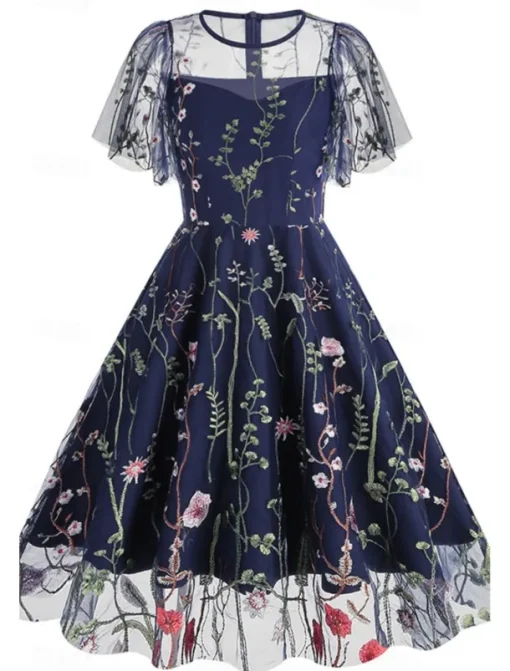 Women's Mini Dress A Line Dress Tulle Dress Elegant Party Cocktail Outdoor Party Wedding Guest Regular Fit Floral Short Sleeve Crew Neck Black White Red Blue Summer