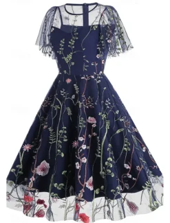 Women's Mini Dress A Line Dress Tulle Dress Elegant Party Cocktail Outdoor Party Wedding Guest Regular Fit Floral Short Sleeve Crew Neck Black White Red Blue Summer