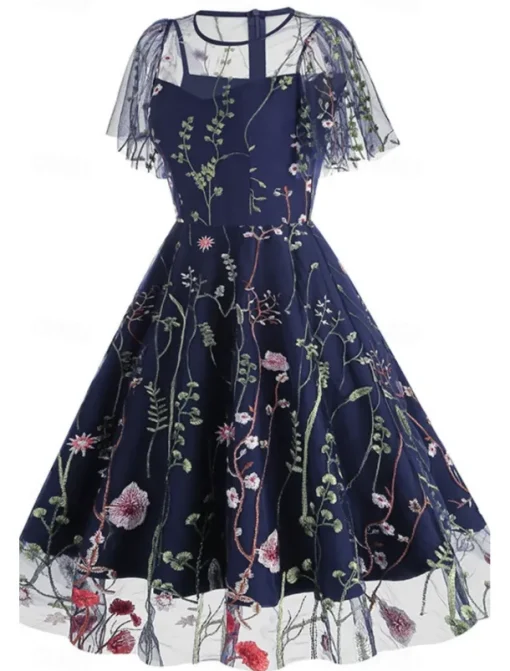 Women's Mini Dress A Line Dress Tulle Dress Elegant Party Cocktail Outdoor Party Wedding Guest Regular Fit Floral Short Sleeve Crew Neck Black White Red Blue Summer