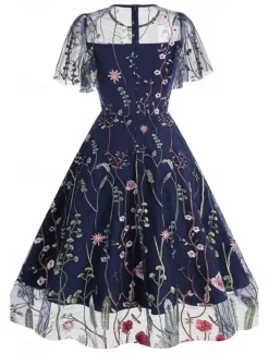 Women's Mini Dress A Line Dress Tulle Dress Elegant Party Cocktail Outdoor Party Wedding Guest Regular Fit Floral Short Sleeve Crew Neck Black White Red Blue Summer