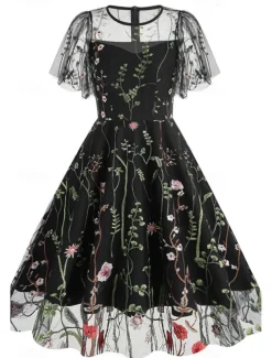Women's Mini Dress A Line Dress Tulle Dress Elegant Party Cocktail Outdoor Party Wedding Guest Regular Fit Floral Short Sleeve Crew Neck Black White Red Blue Summer