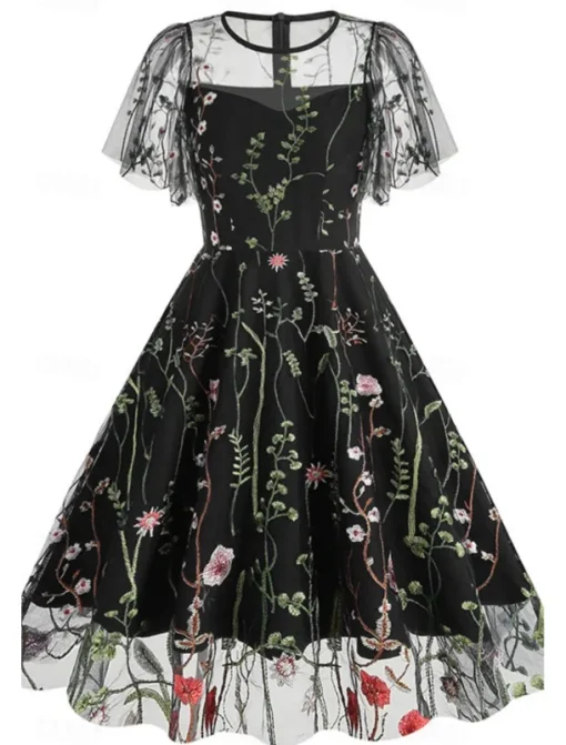 Women's Mini Dress A Line Dress Tulle Dress Elegant Party Cocktail Outdoor Party Wedding Guest Regular Fit Floral Short Sleeve Crew Neck Black White Red Blue Summer