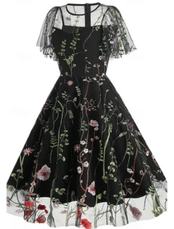Women's Mini Dress A Line Dress Tulle Dress Elegant Party Cocktail Outdoor Party Wedding Guest Regular Fit Floral Short Sleeve Crew Neck Black White Red Blue Summer