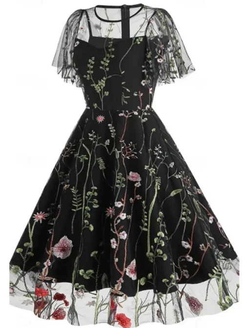 Women's Mini Dress A Line Dress Tulle Dress Elegant Party Cocktail Outdoor Party Wedding Guest Regular Fit Floral Short Sleeve Crew Neck Black White Red Blue Summer