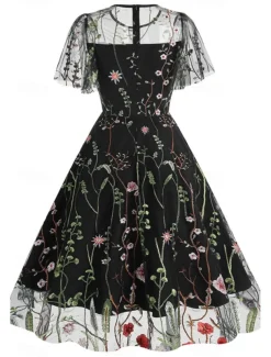 Women's Mini Dress A Line Dress Tulle Dress Elegant Party Cocktail Outdoor Party Wedding Guest Regular Fit Floral Short Sleeve Crew Neck Black White Red Blue Summer