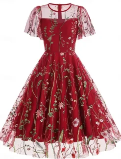 Women's Mini Dress A Line Dress Tulle Dress Elegant Party Cocktail Outdoor Party Wedding Guest Regular Fit Floral Short Sleeve Crew Neck Black White Red Blue Summer