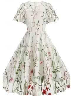 Women's Mini Dress A Line Dress Tulle Dress Elegant Party Cocktail Outdoor Party Wedding Guest Regular Fit Floral Short Sleeve Crew Neck Black White Red Blue Summer