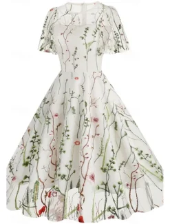 Women's Mini Dress A Line Dress Tulle Dress Elegant Party Cocktail Outdoor Party Wedding Guest Regular Fit Floral Short Sleeve Crew Neck Black White Red Blue Summer