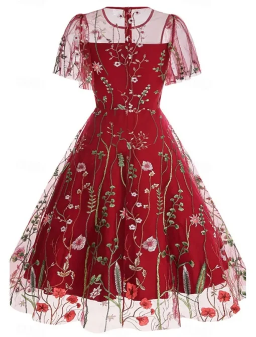 Women's Mini Dress A Line Dress Tulle Dress Elegant Party Cocktail Outdoor Party Wedding Guest Regular Fit Floral Short Sleeve Crew Neck Black White Red Blue Summer