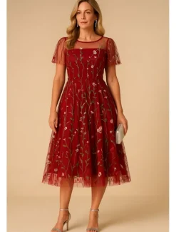 Women's Mini Dress A Line Dress Tulle Dress Elegant Party Cocktail Outdoor Party Wedding Guest Regular Fit Floral Short Sleeve Crew Neck Black White Red Blue Summer