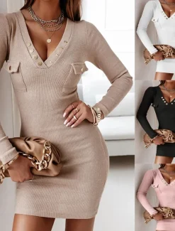 Women's Mini Dress Bodycon Dress Work Dresses Semi Formal Office Regular Fit Plain Long Sleeve V Neck Black White Pink Khaki Spring Fall