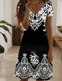 Women's Mini Dress Casual Dress Elegant Tropical Hawaiian Daily Regular Fit Floral Short Sleeve Crew Neck Pearl Black Pink Blue Summer