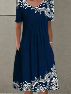 Women's Mini Dress Casual Dress Elegant Vacation Vintage Vacation Daily Loose Fit Floral Short Sleeve Crew Neck Dark Blue Summer