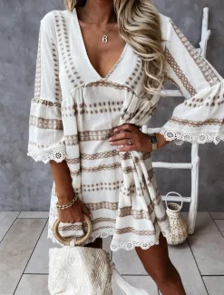 Women's Mini Dress Casual Dress Long Sleeve Boho Dress Summer Dress Bohemia Vacation Holiday Loose Fit Geometric Color Block V Neck Black Apricot Summer