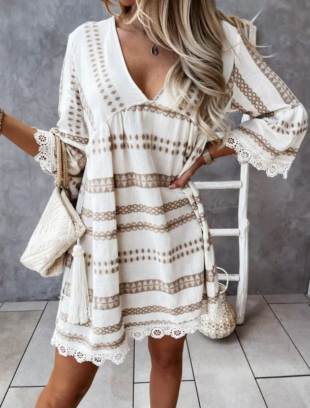 Women's Mini Dress Casual Dress Long Sleeve Boho Dress Summer Dress Bohemia Vacation Holiday Loose Fit Geometric Color Block V Neck Black Apricot Summer