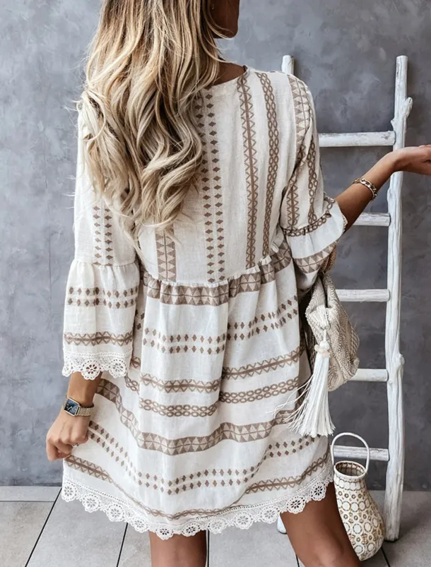 Women's Mini Dress Casual Dress Long Sleeve Boho Dress Summer Dress Bohemia Vacation Holiday Loose Fit Geometric Color Block V Neck Black Apricot Summer