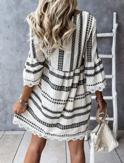 Women's Mini Dress Casual Dress Long Sleeve Boho Dress Summer Dress Bohemia Vacation Holiday Loose Fit Geometric Color Block V Neck Black Apricot Summer