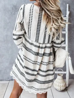 Women's Mini Dress Casual Dress Long Sleeve Boho Dress Summer Dress Bohemia Vacation Holiday Loose Fit Geometric Color Block V Neck Black Apricot Summer