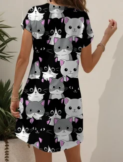 Women's Mini Dress Casual Dress T Shirt Dress Tee Dress A Line Dress Summer Dress Vacation Casual Holiday Regular Fit Graphic Animal Cat Short Sleeve Crew Neck V Neck Black And White Yellow Pink Blue
