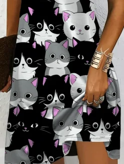 Women's Mini Dress Casual Dress T Shirt Dress Tee Dress A Line Dress Summer Dress Vacation Casual Holiday Regular Fit Graphic Animal Cat Short Sleeve Crew Neck V Neck Black And White Yellow Pink Blue