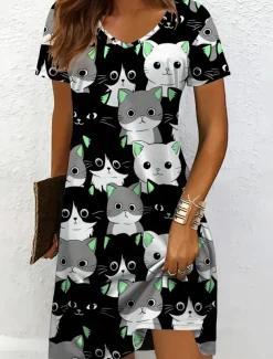 Women's Mini Dress Casual Dress T Shirt Dress Tee Dress A Line Dress Summer Dress Vacation Casual Holiday Regular Fit Graphic Animal Cat Short Sleeve Crew Neck V Neck Black And White Yellow Pink Blue