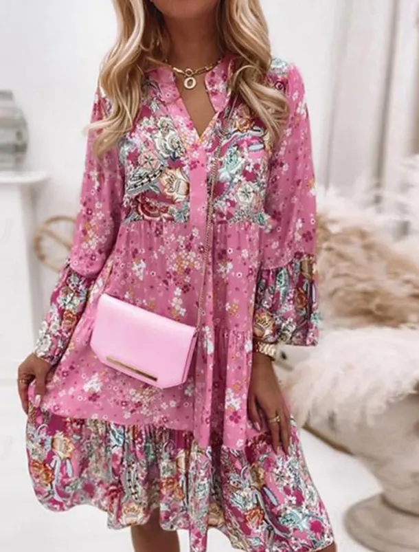 Women's Mini Dress Casual Dress Boho Dress Spring Dress Vacation Streetwear Vacation Street Holiday Regular Fit Floral Long Sleeve Split Neck Pink Blue Green Summer Spring