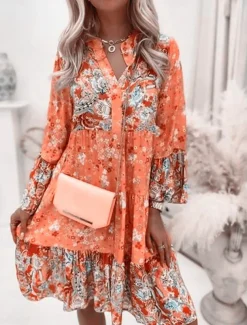 Women's Mini Dress Casual Dress Boho Dress Spring Dress Vacation Streetwear Vacation Street Holiday Regular Fit Floral Long Sleeve Split Neck Pink Blue Green Summer Spring