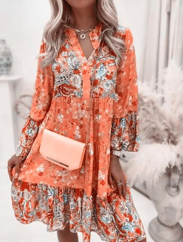 Women's Mini Dress Casual Dress Boho Dress Spring Dress Vacation Streetwear Vacation Street Holiday Regular Fit Floral Long Sleeve Split Neck Pink Blue Green Summer Spring