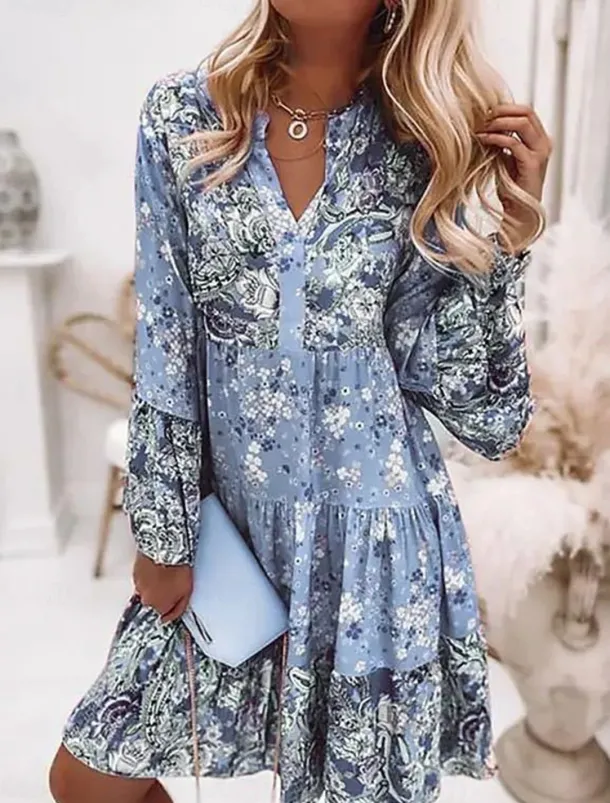 Women's Mini Dress Casual Dress Boho Dress Spring Dress Vacation Streetwear Vacation Street Holiday Regular Fit Floral Long Sleeve Split Neck Pink Blue Green Summer Spring