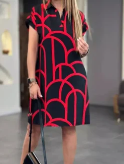 Women's Mini Dress Casual Dress Fashion Outdoor Party Holiday Regular Fit Geometric Short Sleeve V Neck Black Red Blue Summer