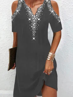 Women's Mini Dress Casual Dress Shift Dress Basic Vacation Daily Going out Regular Fit Print Dot Short Sleeve V Neck Black Wine Dark Blue Gray Summer Spring