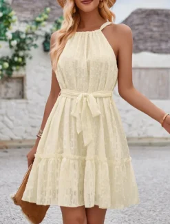 Women's Mini Dress Casual Dress A Line Dress Stylish Basic Casual Vacation Daily Regular Fit Plain Sleeveless Halter Neck Green Apricot Summer