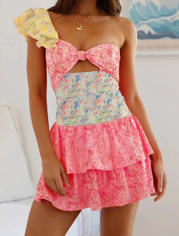 Women's Mini Dress Casual Dress Floral Dress Fashion Outdoor Party Holiday Regular Fit Flower Sleeveless Cold Shoulder Pink Purple Summer