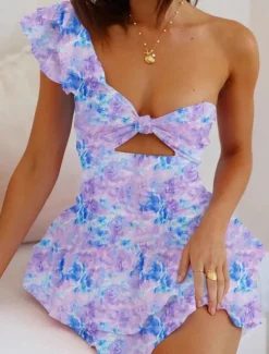 Women's Mini Dress Casual Dress Floral Dress Fashion Outdoor Party Holiday Regular Fit Flower Sleeveless Cold Shoulder Pink Purple Summer