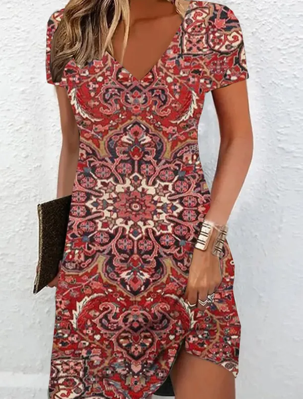 Women's Mini Dress Casual Dress Summer Dress Print Dress Active Fashion Streetwear Outdoor Vacation Daily Regular Fit Floral Short Sleeve V Neck Black White Red Burgundy Summer Spring