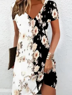 Women's Mini Dress Casual Dress Summer Dress Print Dress Active Fashion Streetwear Outdoor Vacation Daily Regular Fit Floral Short Sleeve V Neck Black White Red Burgundy Summer Spring