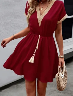 Women's Mini Dress Casual Dress A Line Dress Stylish Basic Casual Vacation Daily Regular Fit Plain Short Sleeve V Neck Wine Blue Summer Spring