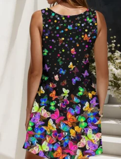 Women's Mini Dress Casual Dress Sundress A Line Dress Off The Shoulder Dress Vacation Casual Holiday Beach Regular Fit Ombre Graphic Butterfly Sleeveless Crew Neck Scoop Neck Colourful Yellow Red Blue