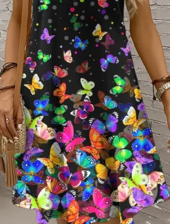 Women's Mini Dress Casual Dress Sundress A Line Dress Off The Shoulder Dress Vacation Casual Holiday Beach Regular Fit Ombre Graphic Butterfly Sleeveless Crew Neck Scoop Neck Colourful Yellow Red Blue